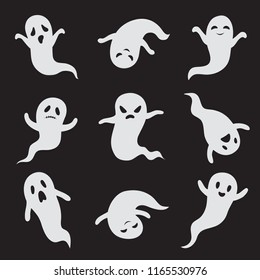 Ghost. Halloween ghostly faces. Spooky monster vector isolated icons. Ghost white face, spooky and scary illustration