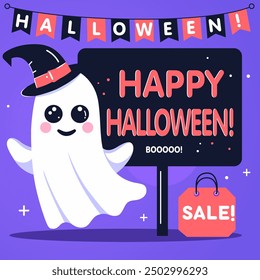 Ghost. Halloween ghost. Ghost Happy Halloween Sale Promotion Poster. Cute funny happy spirit. Happy halloween party greeting card with cute ghost. Halloween phantom design in modern flat cartoon style