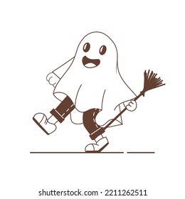 Ghost Halloween Kid Character.Kid Wearing DIY Ghost Costume, Family Halloween Outfit,Halloween Ghosts Isolated Flat Vector Illustrations. Ghost With A Witch Broom.