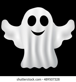 Ghost Halloween party in a white sheet on a black background, vector illustration