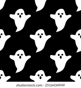 Ghost Halloween pattern features a flat style with various iconic elements.Seamless background perfect for use in textiles, wallpapers, and festive decorations.