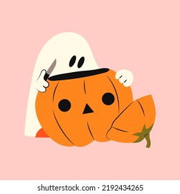 Ghost with Halloween pumpkin. Phantom with face cuts with knife. Kawaii monster mystical drawing concept. Flat vector illustration isolated with pumpkins and holiday elements.