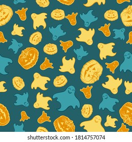 Ghost and Halloween pumpkin seamless pattern.  Hand drawn cute flying gosts vector illustration with smiling pumpkins on bright green background for Halloween greeting cards, digital paper.