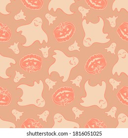 Ghost and Halloween pumpkin seamless pattern.  Hand drawn cute flying gosts vector illustration with smiling pumpkins on orange background for Halloween greeting cards, digital paper and wrapping.