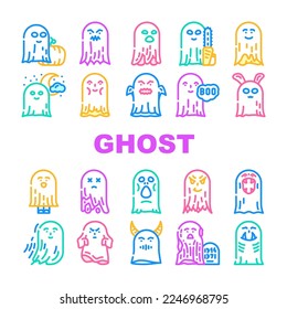 ghost halloween scary spooky icons set vector. horror white, dark fear, night holiday, spirit face, death fantasy, fly mystery ghost halloween scary spooky color line illustrations