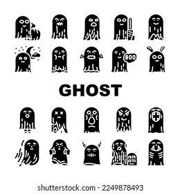 ghost halloween scary spooky icons set vector. horror white, dark fear, night holiday, spirit face, death fantasy, fly mystery ghost halloween scary spooky glyph pictogram Illustrations