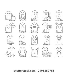 ghost halloween scary spooky icons set vector. horror white, dark fear, night holiday, spirit face, death fantasy, fly mystery ghost halloween scary spooky black contour illustrations