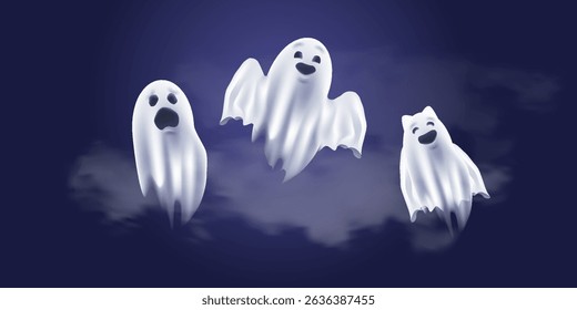 The ghost of Halloween. A set of Cute ghost with emoji, funny death face, cartoon poltergeist in a cloth costume, a child ghost character with happy Halloween monster ears