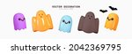 Ghost for Halloween. Set of multi-colored Ghosts with scary and evil emotions on their faces. Creative concept idea. Realistic 3d design. Traditional elements of decor for holiday. Vector illustration