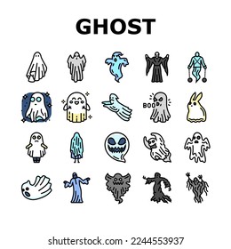 ghost halloween spooky scary cute icons set vector. horror white, spirit character, costume monster, night evil, silhouette, boo fear ghost halloween spooky scary cute color line illustrations