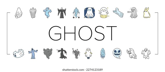 ghost halloween spooky scary cute icons set vector. horror white, spirit character, costume monster, night evil, silhouette, boo fear ghost halloween spooky scary cute color line illustrations