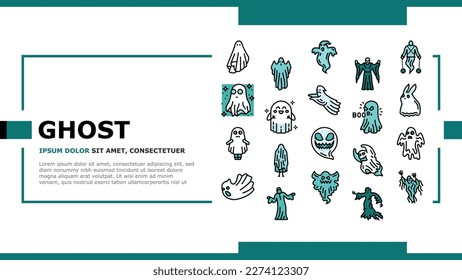 ghost halloween spooky scary cute landing web page vector. horror white, spirit character, costume monster, night evil, silhouette, boo fear ghost halloween spooky scary cute Illustration