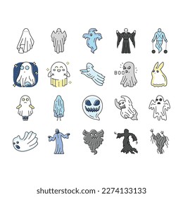 ghost halloween spooky scary cute icons set vector. horror white, spirit character, costume monster, night evil, silhouette, boo fear ghost halloween spooky scary cute color line illustrations