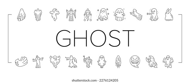 ghost halloween spooky scary cute icons set vector. horror white, spirit character, costume monster, night evil, silhouette, boo fear ghost halloween spooky scary cute black contour illustrations