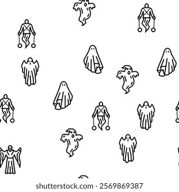 ghost halloween spooky scary cute vector seamless pattern thin line illustration