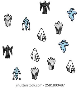 ghost halloween spooky scary cute vector seamless pattern thin line illustration