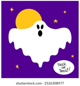 Ilustración vectorial de hallowen del fantasma en el fondo púrpura en el cielo de la noche que grita el truco o la golosina

