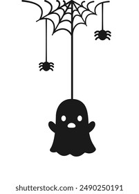 Fantasma colgado en una silueta de Web de araña, feliz Halloween adornos fantasmagóricos decoración Ilustración vectorial