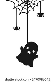 Ghost Hanging on a Spider Web Silhouette, Happy Halloween Spooky Ornaments Decoration Vector illustration