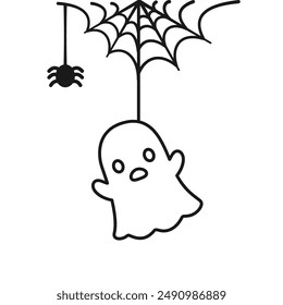 Ghost Hanging on a Spider Web Line Art Doodle, Happy Halloween Spooky Ornaments Decoration Vector illustration