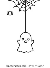 Ghost Hanging on a Spider Web Line Art Doodle, Happy Halloween Spooky Ornaments Decoration Vector illustration