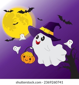 The ghost is happy, funny, cute and bright again. Boo, the childish ghost, picks flowers for children, the spirit with a mood in the moonlight. along with bats For vector work, background images