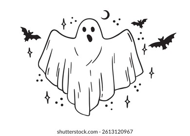 ghost Happy Halloween cute cartoon spooky character icon doodle hand drawn. Outline clipart . Vector illustration