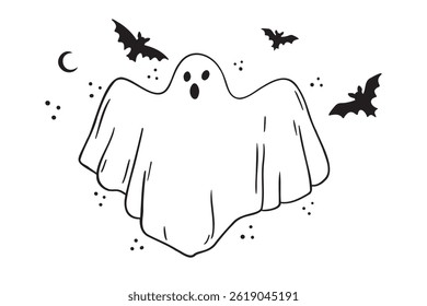 ghost Happy Halloween cute cartoon spooky character icon doodle hand drawn. Outline clipart . Vector illustration