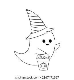 Fantasma en el sombrero con la página de coloreado de bolsos de caramelo. Colóqueme. Pasos de ilustración vectorial aislados