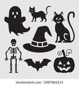 Sombrero fantasma, gato, esqueleto, murciélago, calabaza, sombra fantasma, Vector de silueta de iconos de Halloween con ilustraciones de fondo blanco