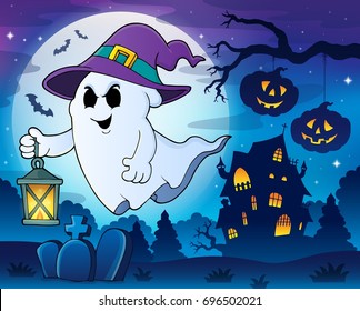 Ghost with hat and lantern theme 3 - eps10 vector illustration.