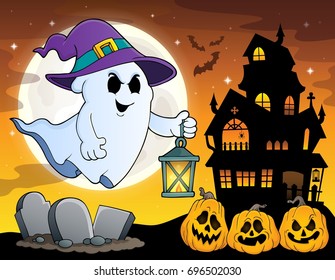 Ghost with hat and lantern theme 4 - eps10 vector illustration.