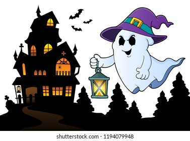 Ghost with hat and lantern topic 3 - eps10 vector illustration.