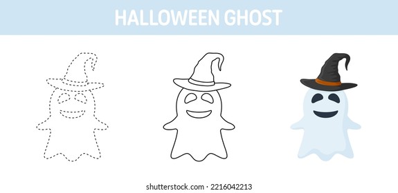Ghost With Hat tracing and coloring worksheet for kids