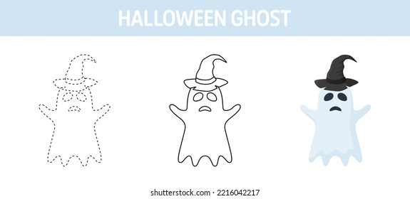 Ghost With Hat tracing and coloring worksheet for kids