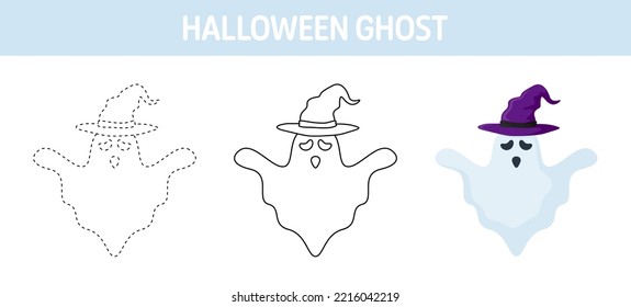 Ghost With Hat tracing and coloring worksheet for kids