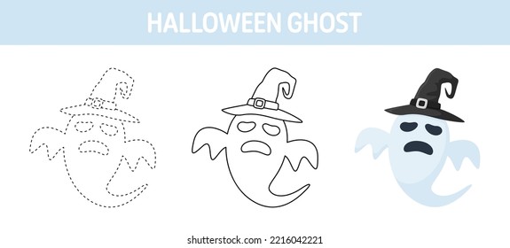 Ghost With Hat tracing and coloring worksheet for kids