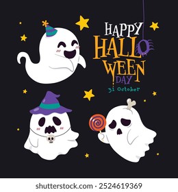 Ghost in Haunted Graveyard under Full Moon Night: A Spooky Halloween Scene with Dark Sky and  Tombstones for October 31st Horror Night and Haunted Festival, Vector, Illustration