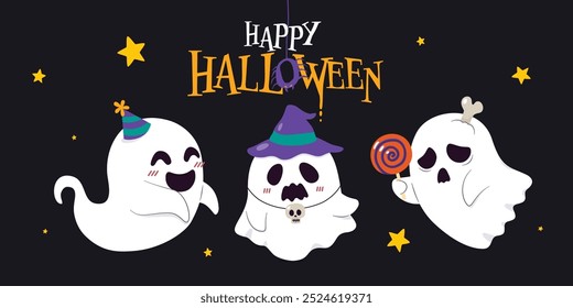 Ghost in Haunted Graveyard under Full Moon Night: A Spooky Halloween Scene with Dark Sky and  Tombstones for October 31st Horror Night and Haunted Festival, Vector, Illustration