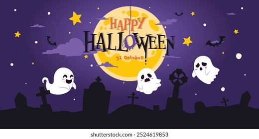 Ghost in Haunted Graveyard under Full Moon Night: A Spooky Halloween Scene with Dark Sky and  Tombstones for October 31st Horror Night and Haunted Festival, Vector, Illustration