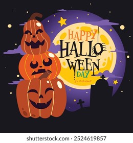 Ghost in Haunted Graveyard under Full Moon Night: A Spooky Halloween Scene with Dark Sky and  Tombstones for October 31st Horror Night and Haunted Festival, Vector, Illustration