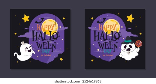 Ghost in Haunted Graveyard under Full Moon Night: A Spooky Halloween Scene with Dark Sky and  Tombstones for October 31st Horror Night and Haunted Festival, Vector, Illustration