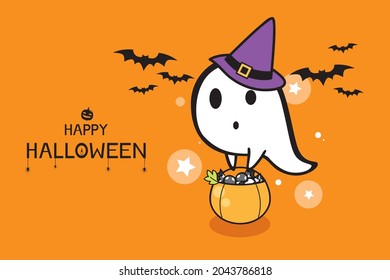 Ghost holding candy pumpkin bucket with bats and text isolated on orange background.