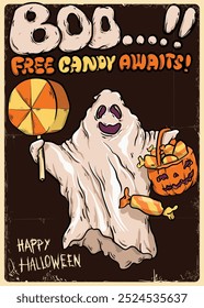 Fantasma que sostiene el caramelo dice que el caramelo libre de Boo espera el concepto. Jack O Lantern con el caramelo del maíz. con el texto escrito a mano Ilustración vectorial de la Plantilla del cartel del estilo vintage de Halloween.