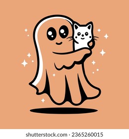 Ghost holding cat illustration. Sheet ghost and kitten. Fall season aesthetic cute flat design with ghost and cats. Minimalist vector illustration.