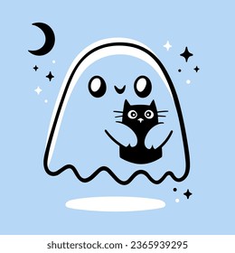 Ghost holding cat illustration. Sheet ghost and cuddly toy. Fall season aesthetic cute flat design with ghost and cats. Minimalist vector illustration. Baby, toddler and child bedtime concept.