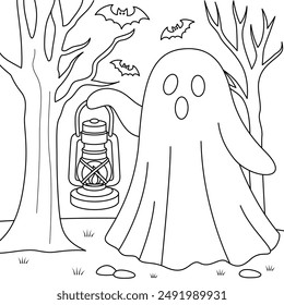 Ghost Holding a Lantern Colouring. Halloween Outline Coloring Page