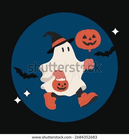 Ghost Holding Pumpkin Balloon Walking at Night