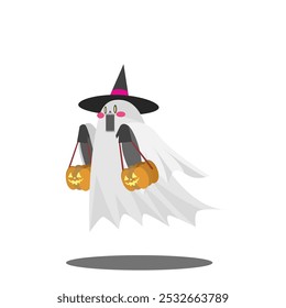 A ghost holding a pumpkin basket float through the Halloween night