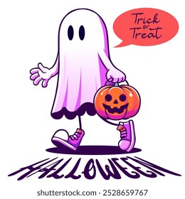 Fantasma sosteniendo calabaza. Lindo fantasma. Espirituoso con calabaza. Fantasma de Halloween. Dibujos divertidos de Halloween. Espíritu de miedo festivo con calabaza. Fantasma de Halloween aislado Vector plano. Personaje espeluznante